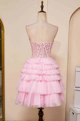 Sweetheart Neck Layered Strapless Pink Homecoming Dress