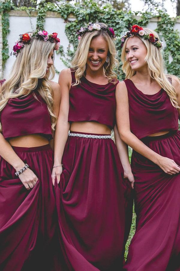Burgundy Two Piece A Line Long Bridesmaid Dresses
