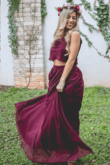 Burgundy Two Piece A Line Long Bridesmaid Dresses
