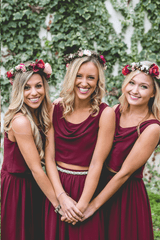 Burgundy Two Piece A Line Long Bridesmaid Dresses