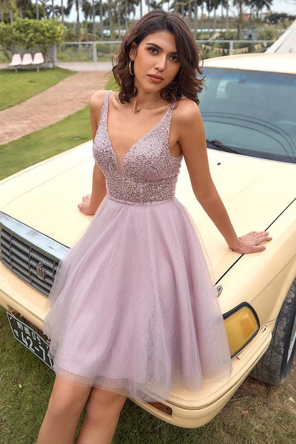 V-Neck Open-Back Blush Pink Sequin Short Prom Dress Homecoming Dress