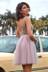 V-Neck Open-Back Blush Pink Sequin Short Prom Dress Homecoming Dress