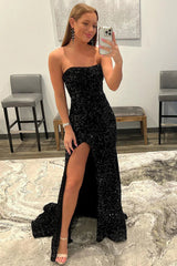 Mermaid Sheath Strapless Sequins Long Prom Dress with Slit