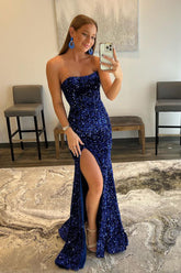 Mermaid Sheath Strapless Sequins Long Prom Dress with Slit