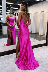 Hot Cute Pink Spaghetti Straps Satin Mermaid Sheath Prom Dress with Slit