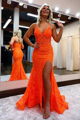 Mermaid Sheath Spaghetti Straps Sequined Lace Prom Dress
