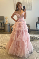Princess A Line Off the Shoulder Light Cute Pink Long Prom Dress with Ruffles