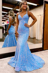 Shinny Blue Mermaid Sheath Sequins Long Backless Prom Dress