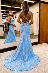 Shinny Blue Mermaid Sheath Sequins Long Backless Prom Dress
