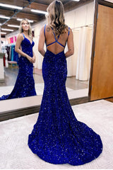 Shinny Blue Mermaid Sheath Sequins Long Backless Prom Dress
