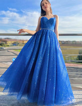 Royal Blue Shinny A Line Spaghetti Straps Long Prom Dress