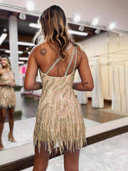 Shinny Blue One Shoulder Sequins Tight Short Hoco Dress with Fringes