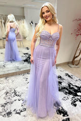 Mermaid Sheath Spaghetti Straps Purple Corset Prom Dress with Slit