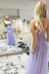 Mermaid Sheath Spaghetti Straps Purple Corset Prom Dress with Slit