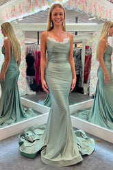 Mermaid Sheath Spaghetti Straps Green Long Prom Dress with Lace