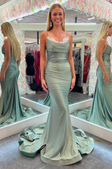 Mermaid Sheath Spaghetti Straps Green Long Prom Dress with Lace