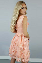 A-Line Bateau Coral Satin Homecoming Dress with Appliqued Flowers