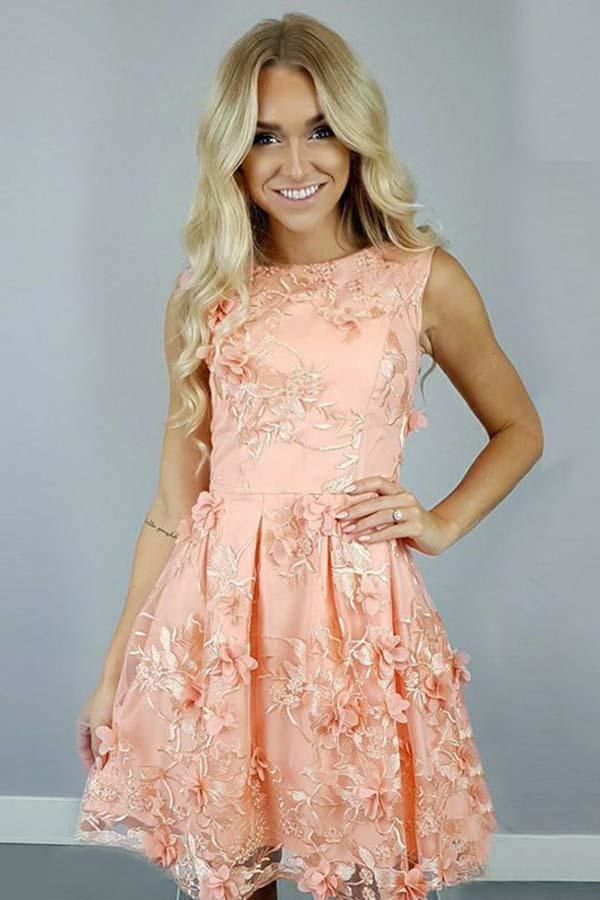 A-Line Bateau Coral Satin Homecoming Dress with Appliqued Flowers