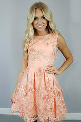 A-Line Bateau Coral Satin Homecoming Dress with Appliqued Flowers