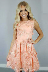 A-Line Bateau Coral Satin Homecoming Dress with Appliqued Flowers
