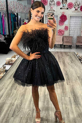 A-Line Black Sequin Feathers Short Party Dress