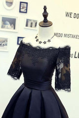 A-Line Black Short Sleeve Homecoming Dress with Lace Applique