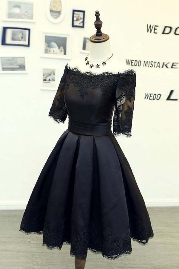 A-Line Black Short Sleeve Homecoming Dress with Lace Applique