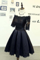 A-Line Black Short Sleeve Homecoming Dress with Lace Applique