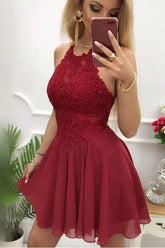 A-Line Burgundy Chiffon Halter Appliqued Short Homecoming Dress