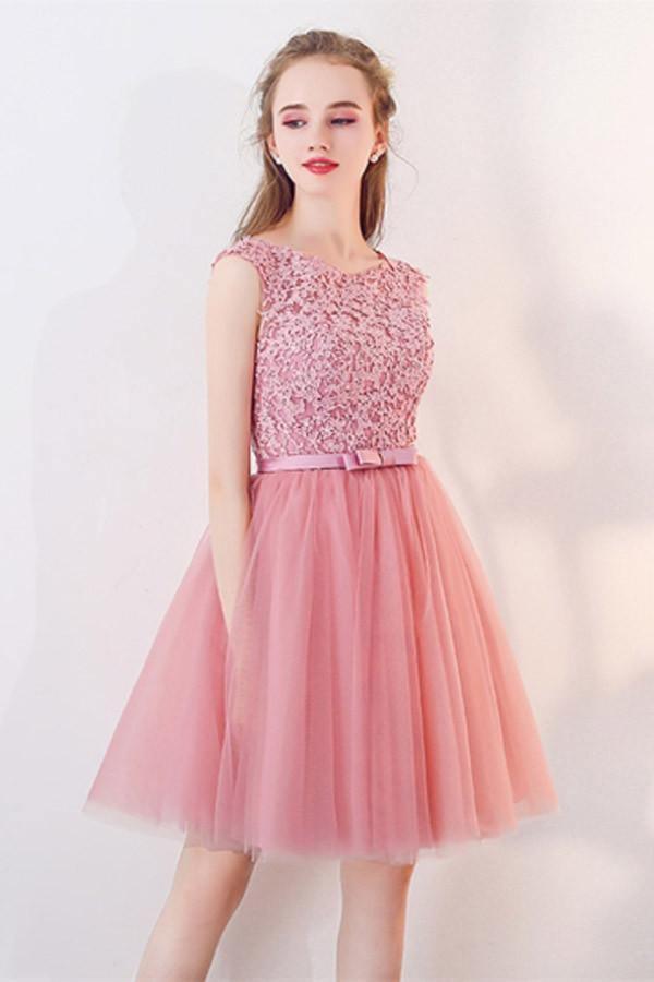 A-Line Cap Sleeves Appliqued Bowknot Crystal Sash Homecoming Dress