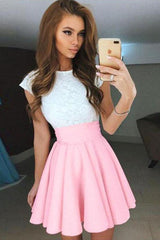 A-line Cap Sleeves Short Pearl Pink Chiffon Homecoming Dress with Lace