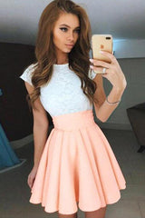 A-line Cap Sleeves Short Pearl Pink Chiffon Homecoming Dress with Lace