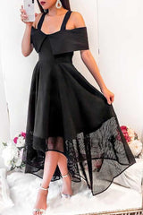 A-Line Cold Shoulder High Low Black Homecoming Dress with Lace