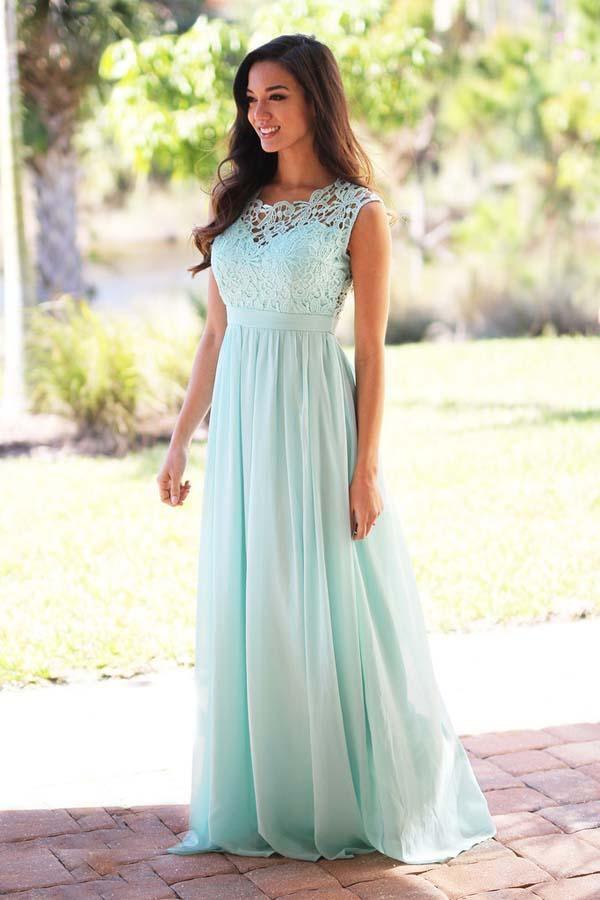 Mint Chiffon A-Line Crew Bridesmaid Dress, Floor-Length, with Lace
