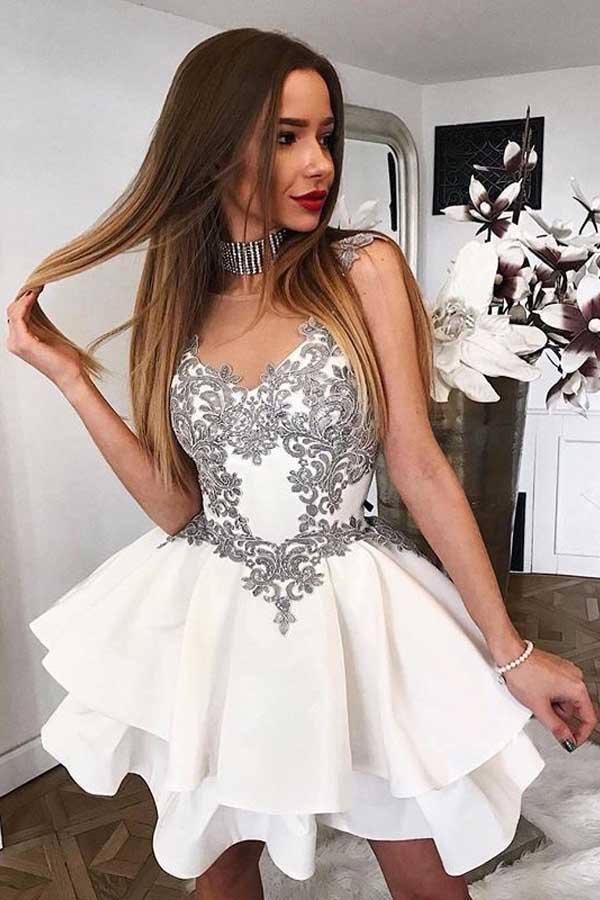A-Line Crew Short Tiered White Homecoming Dress with Appliques
