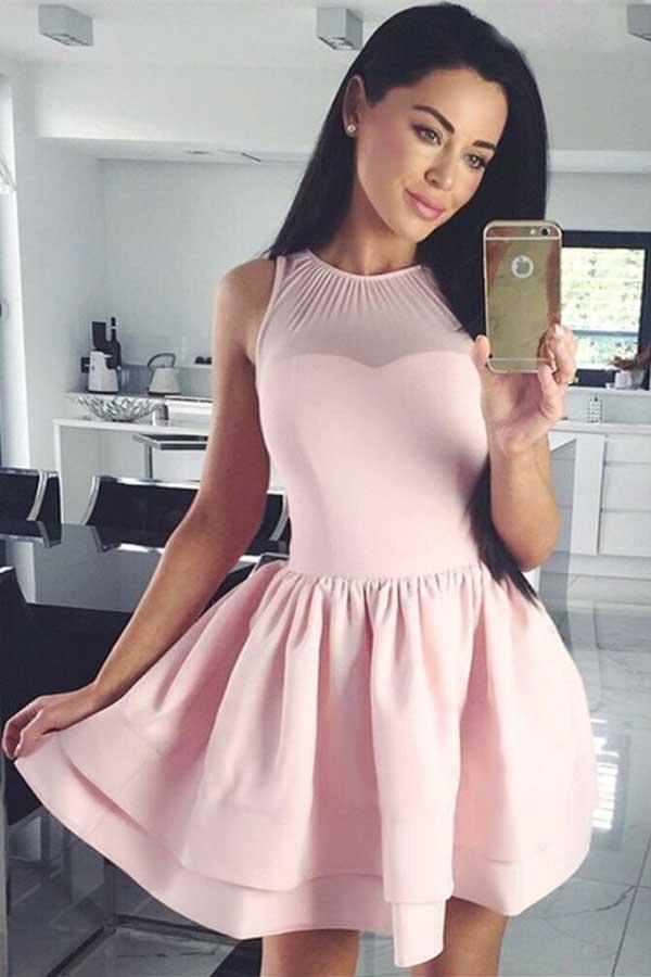 A-Line Crew Sleeveless Short Pink Tiered Satin Homecoming Dress