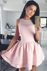 A-Line Crew Sleeveless Short Pink Tiered Satin Homecoming Dress