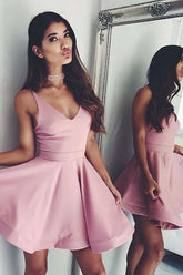 A-Line Cute V-Neck Short Pink Satin Homecoming Dress Formal Dress