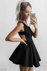 A-Line Deep V-Neck Short Cut Out Black Satin Homecoming Dress