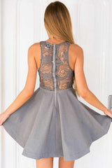 A-Line Deep V-Neck Sleeveless Grey Satin Homecoming Dress with Lace