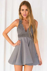 A-Line Deep V-Neck Sleeveless Grey Satin Homecoming Dress with Lace