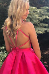 A-Line Deep V-Neck Straps Above-Knee Fuchsia Satin Homecoming Dress
