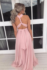 Pink Chiffon A-line Bridesmaid Dress, Halter, Long