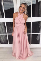 Pink Chiffon A-line Bridesmaid Dress, Halter, Long