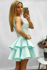 A-Line Halter Short Sleeveless Mint Satin Homecoming Dress with Ruffles