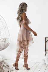 A-Line High Low Blush Sleeveless Lace Homecoming Dress