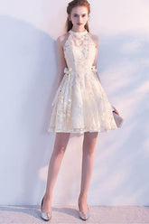 A-Line High Neck Lace Sleeveless Party Dress Homecoming Dress