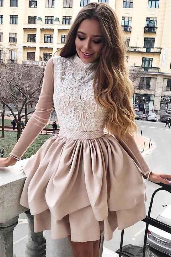 A-Line High Neck Long Sleeves Homecoming Dress with Appliqued Sleeves