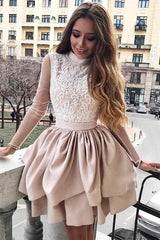A-Line High Neck Long Sleeves Homecoming Dress with Appliqued Sleeves