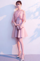 A-Line High Neck Satin Pink Homecoming Dress Party Dress
